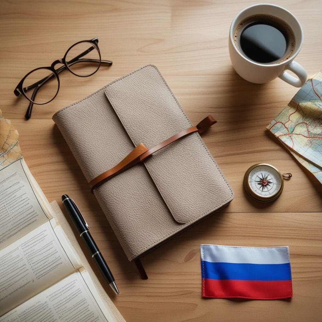 Russian language study tools flat lay with notebook, pen, glasses, coffee, and flag.
